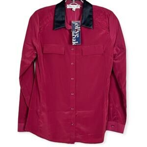 OLIVE+OAK Burgundy Button Down Black Faux Leather Collared Blouse Top XS Office